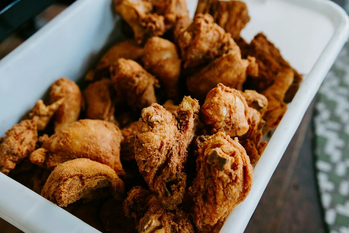 Bite-sized pieces of battered chicken fried until crisp