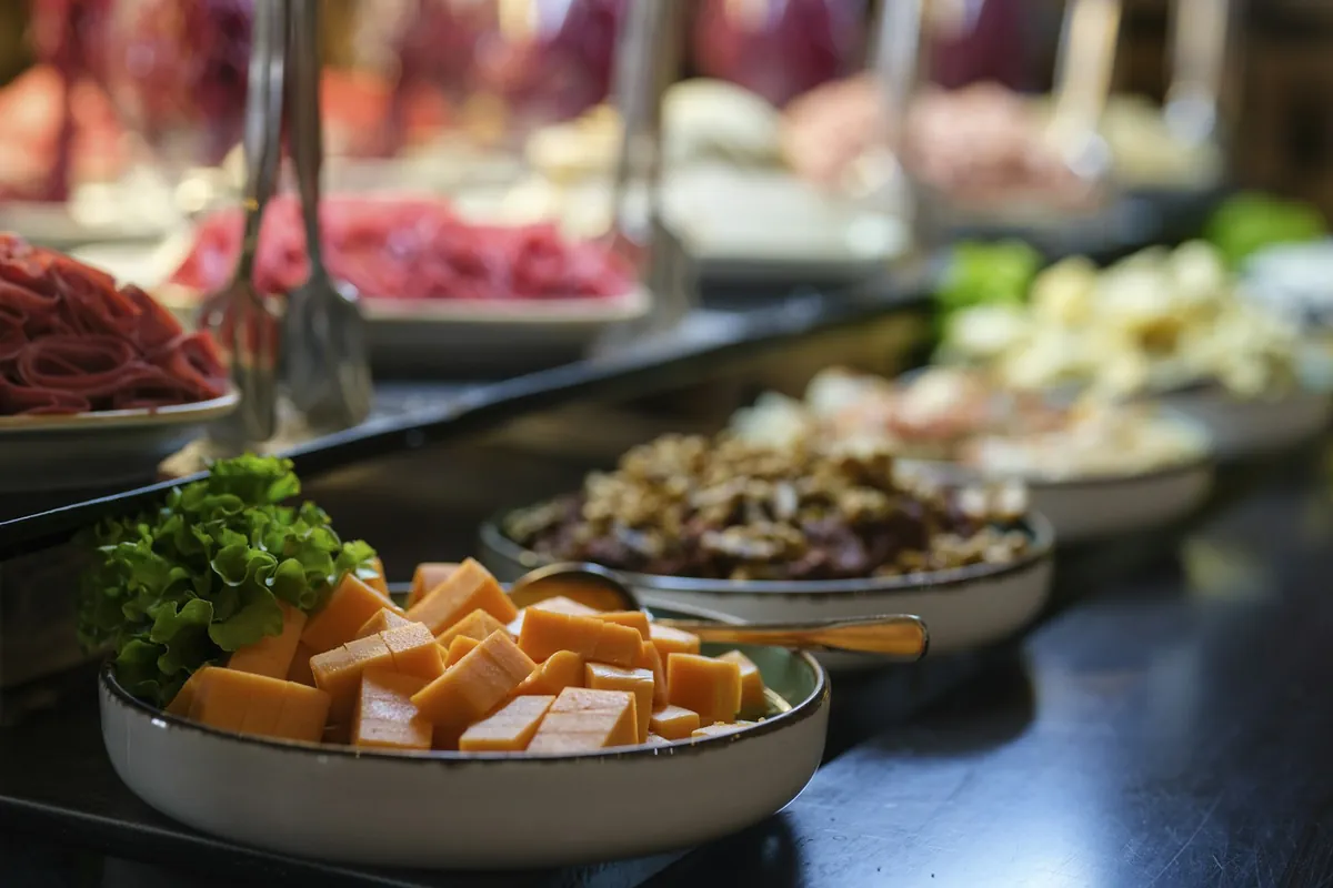 A buffet line with plates and serving utensils