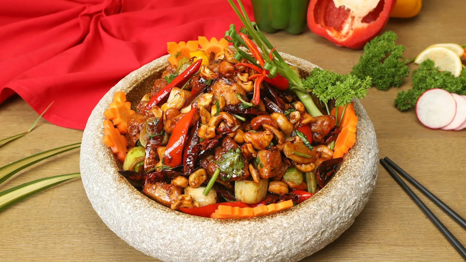 An individually prepared Chinese dish plated for serving