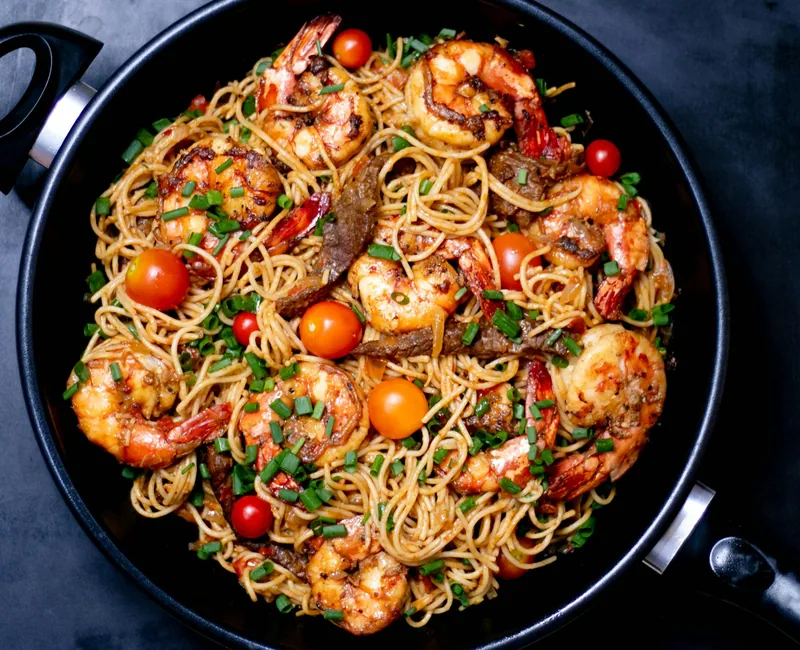 Stir-fried lo mein noodles tossed with shrimp and vegetables