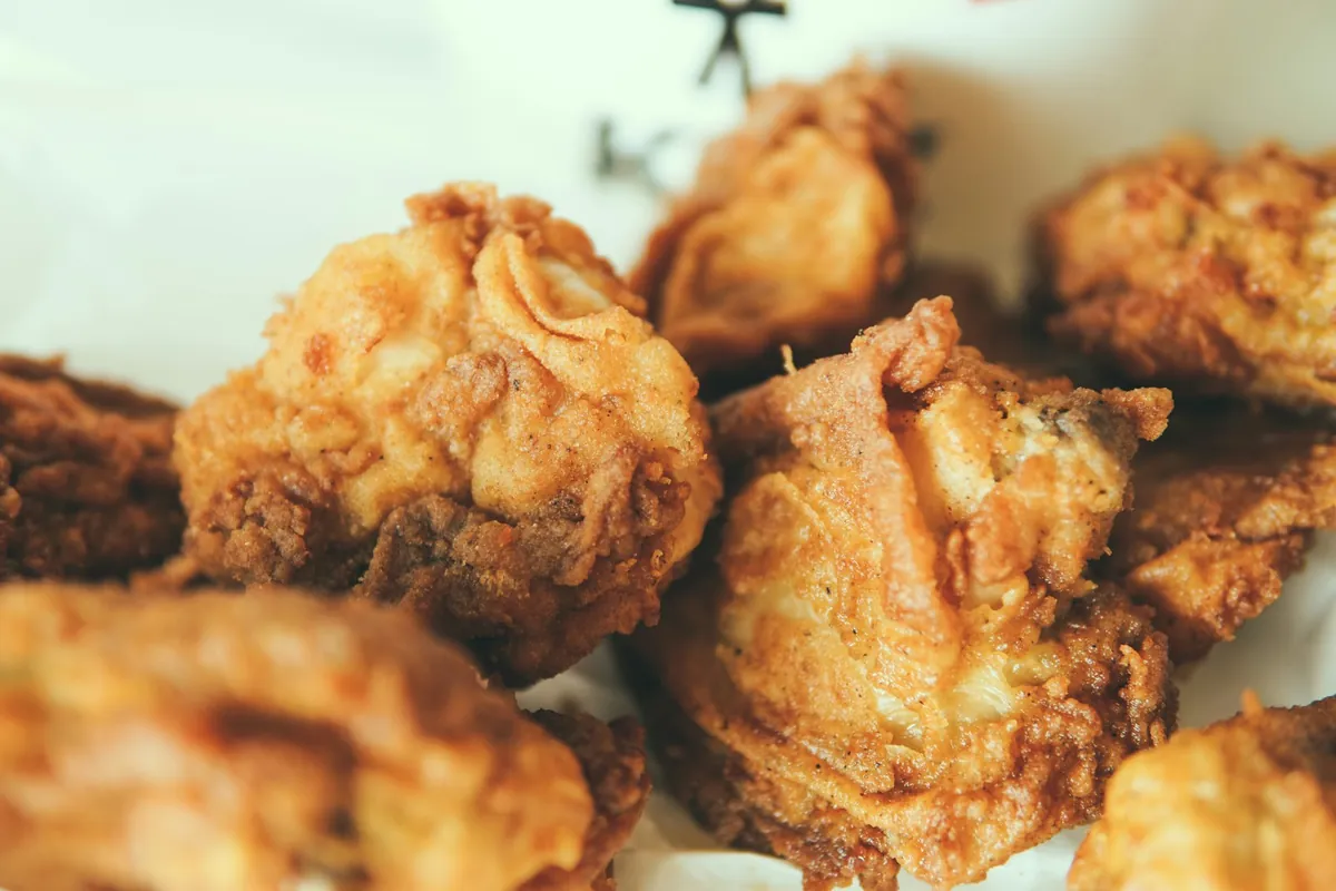 Crisp battered pieces of meat fresh from the fryer
