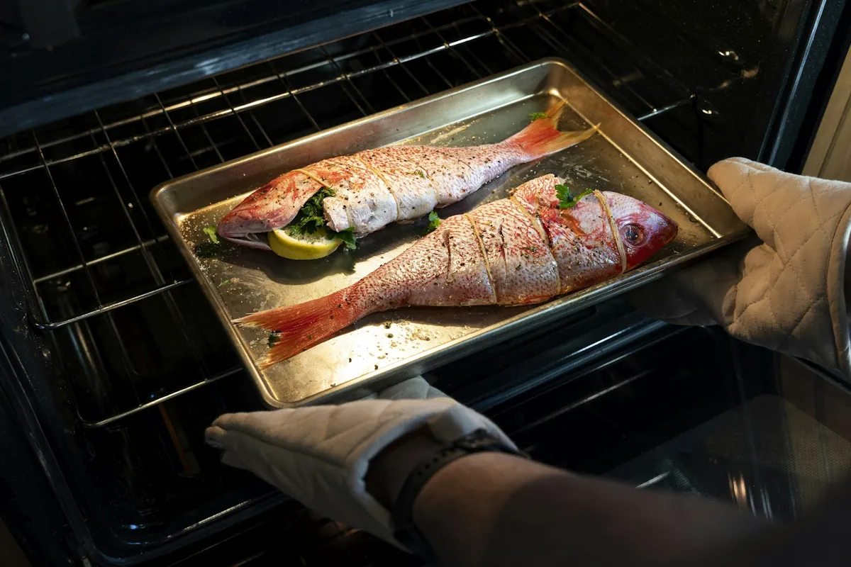 Fried food being reheated on an oven tray