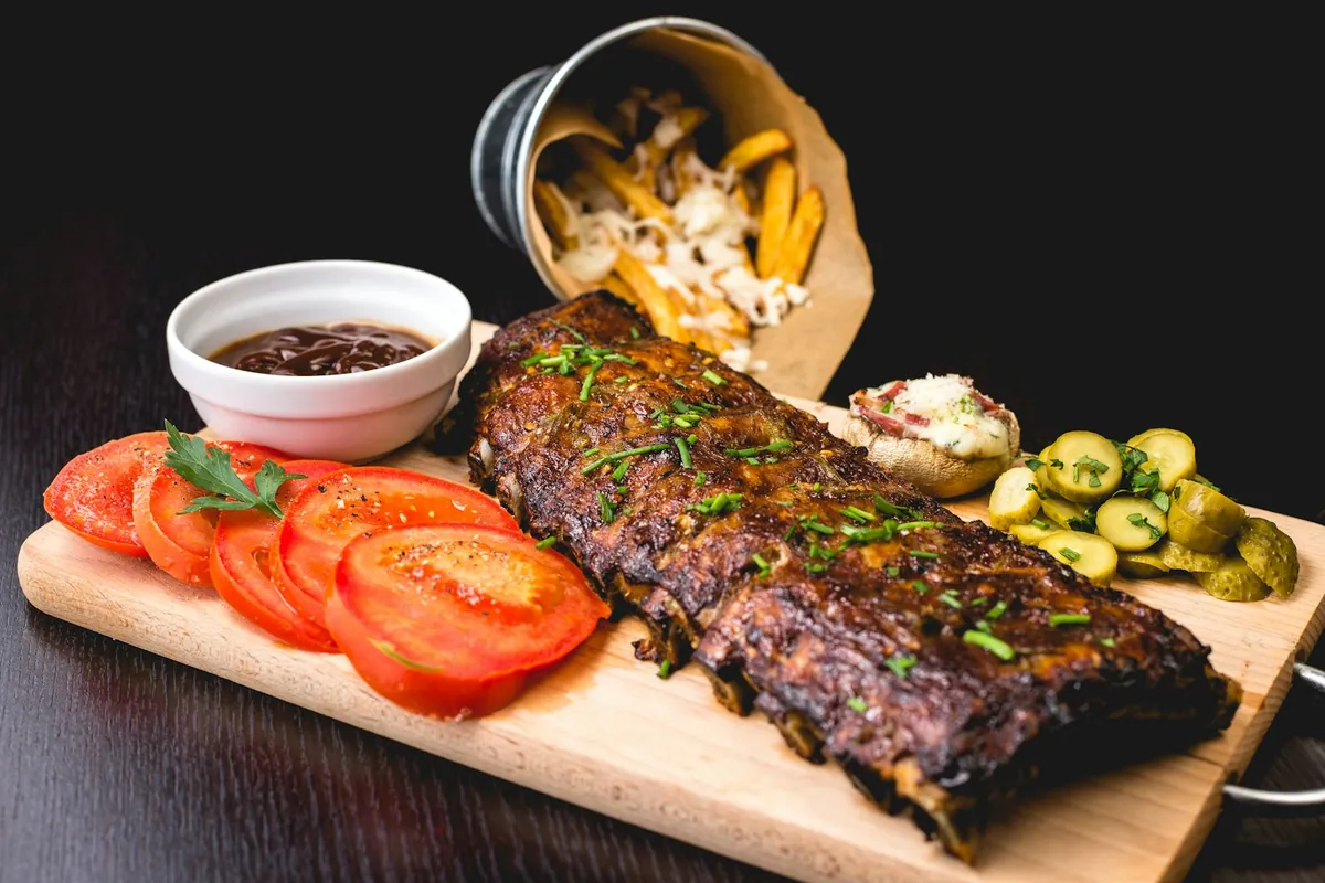 A close view of the glaze on roasted ribs