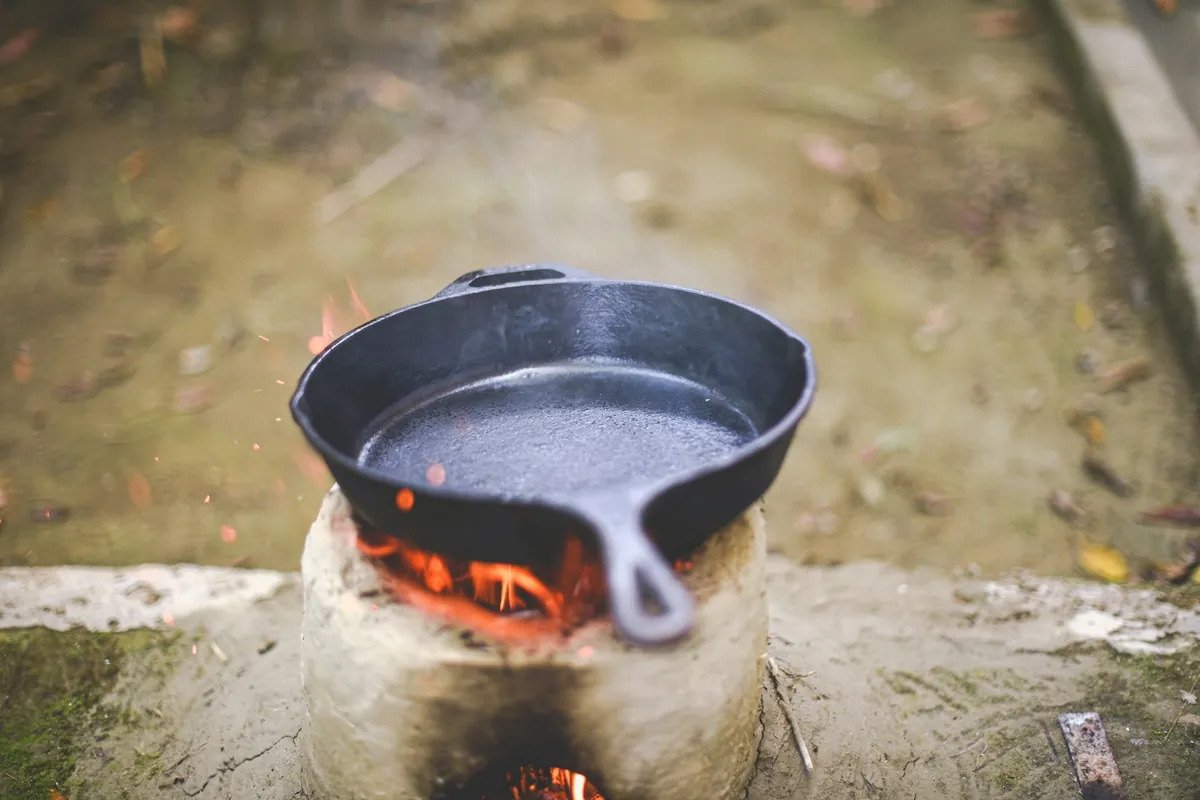 A heavy flat-bottomed skillet
