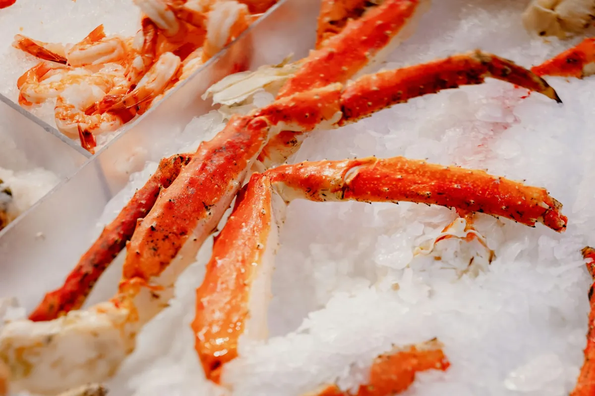 Imitation crab sticks with their colored outer surface
