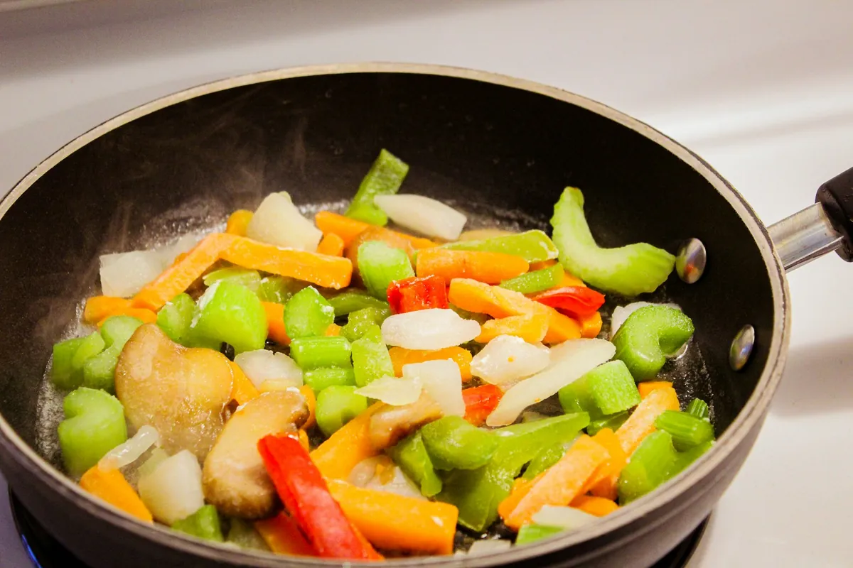 A stir-fry coated in a thin, light sauce