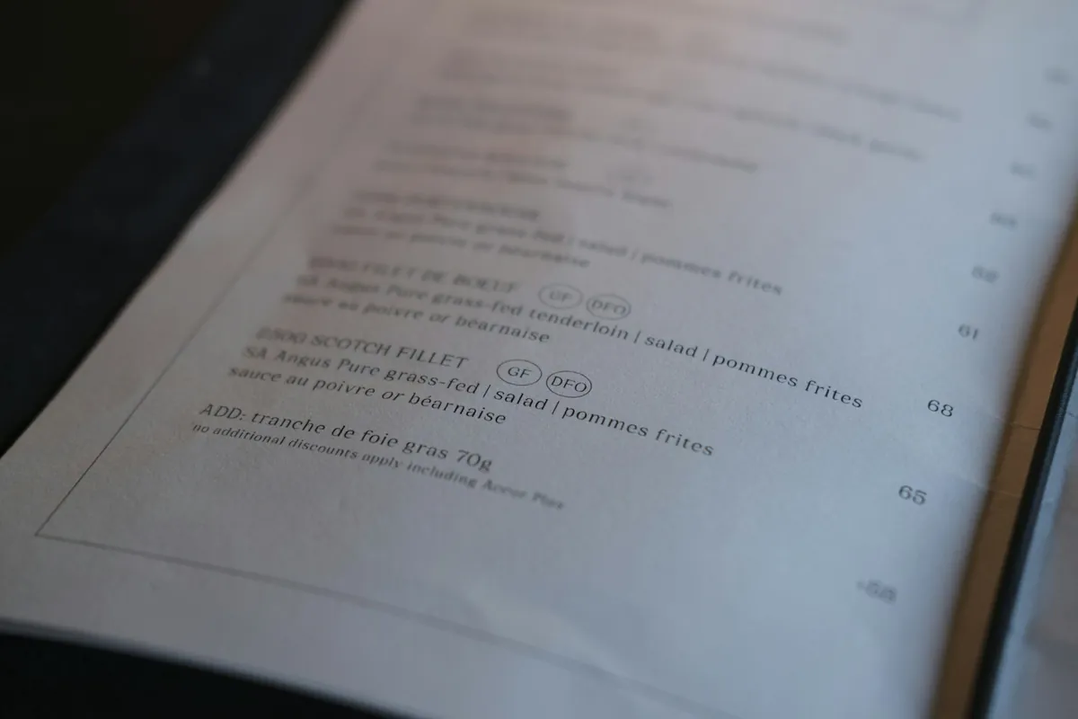 A menu page showing dish names and codes