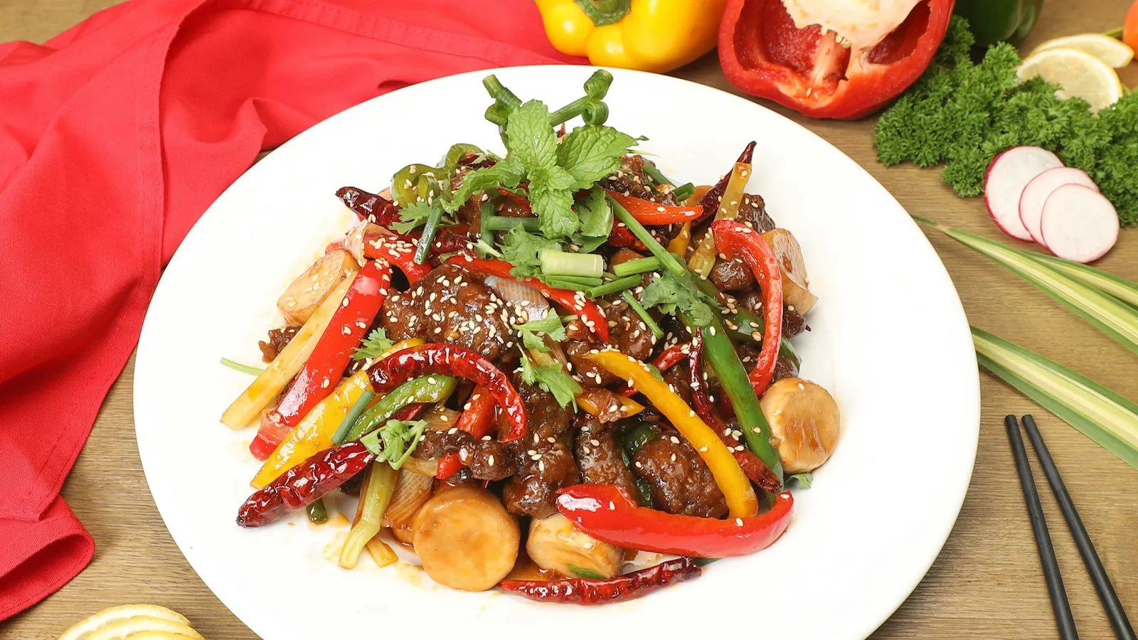Sliced beef stir-fried with bell peppers and onion