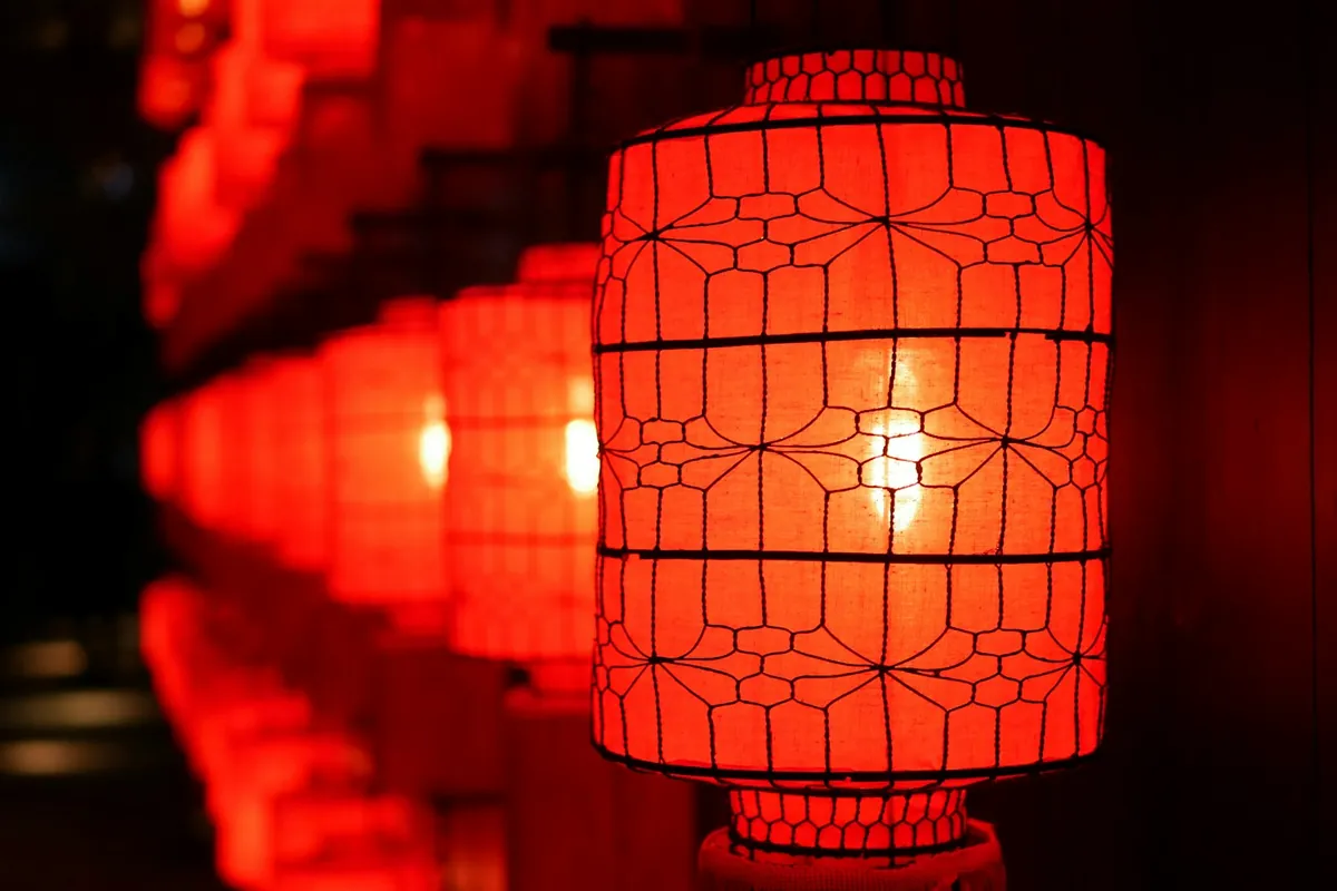 Red lanterns hung for Lunar New Year