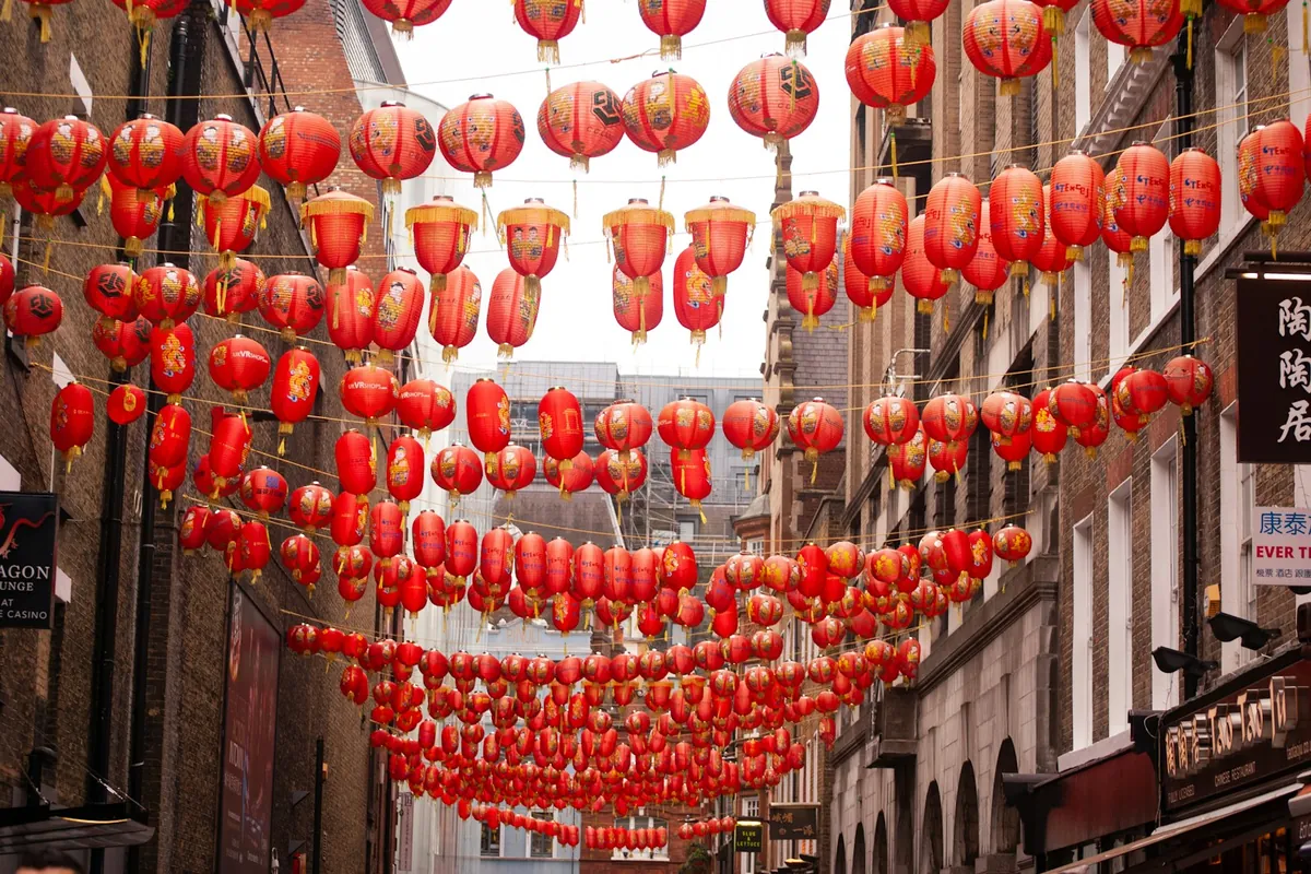 Red paper lanterns strung overhead