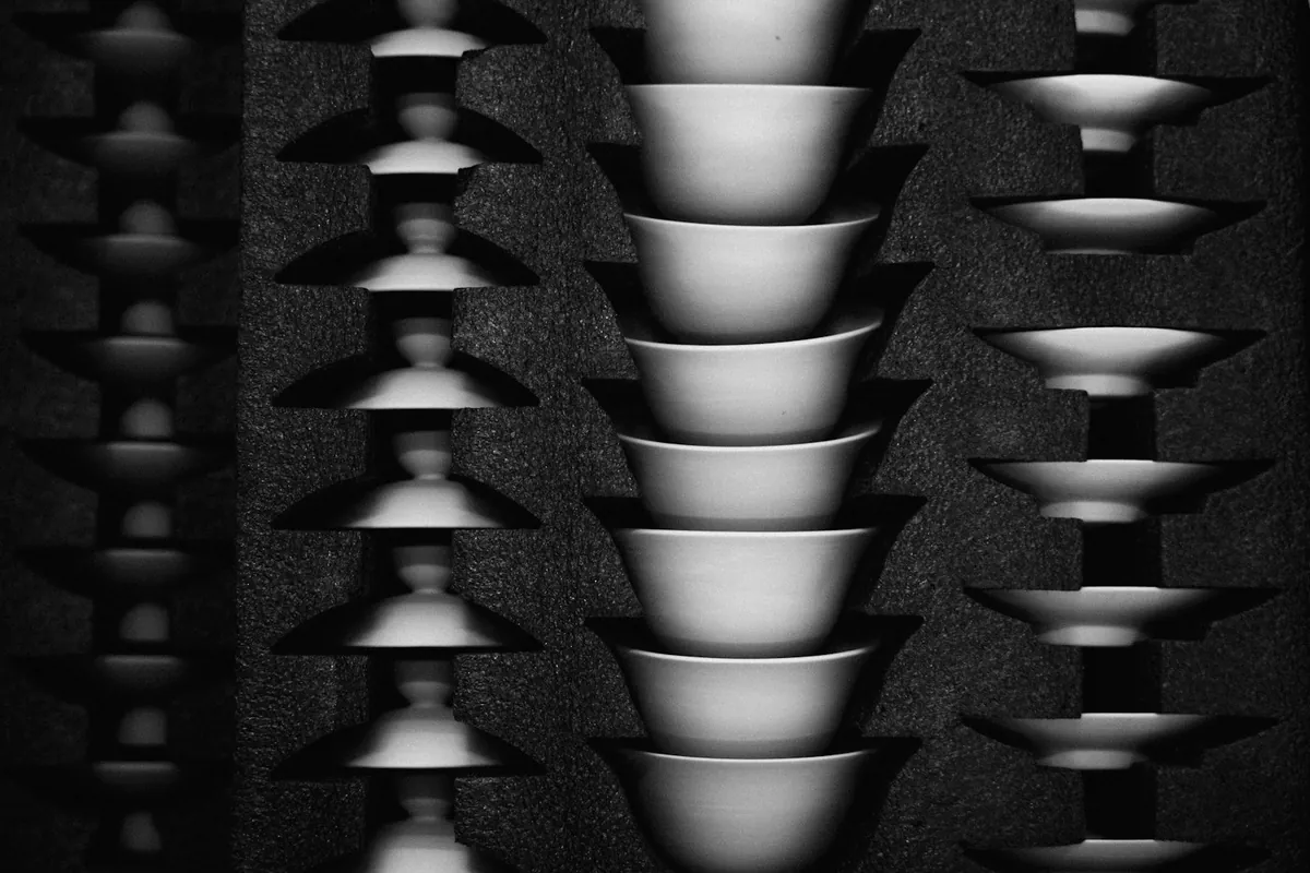 Stacked plastic food containers in a cupboard
