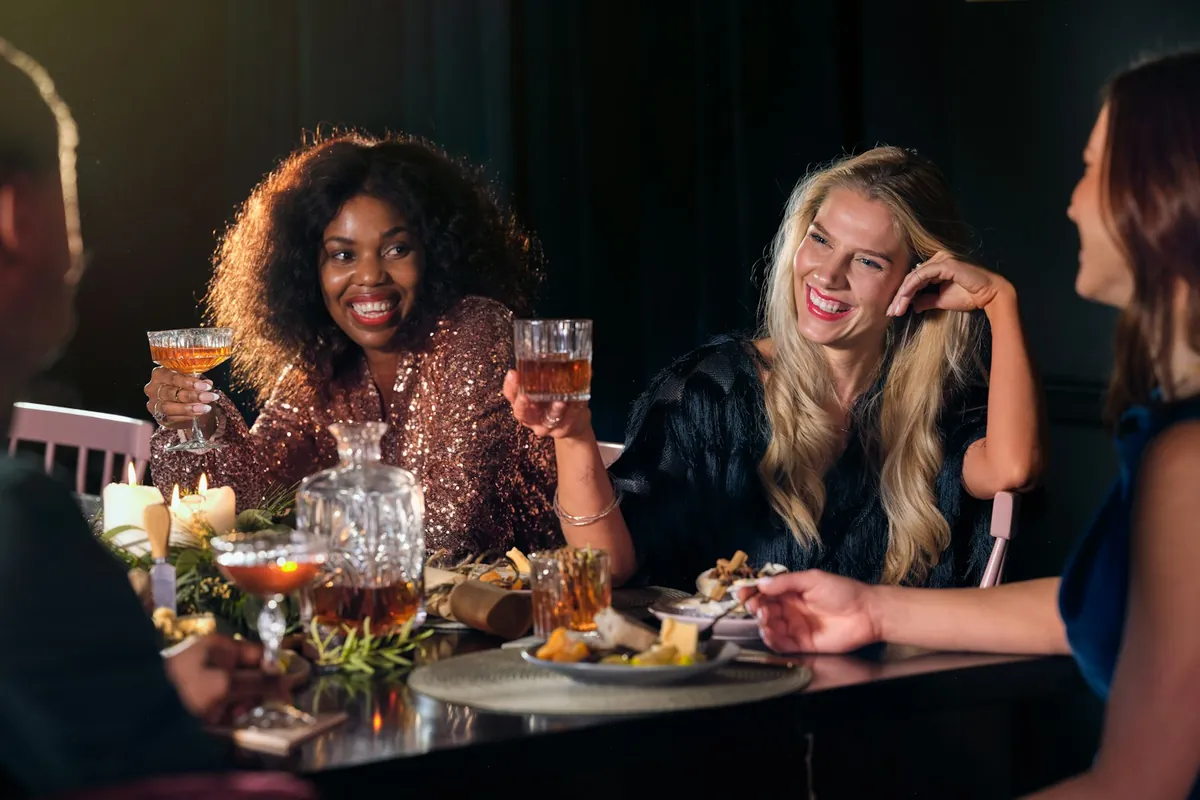A shared festive meal at a full table