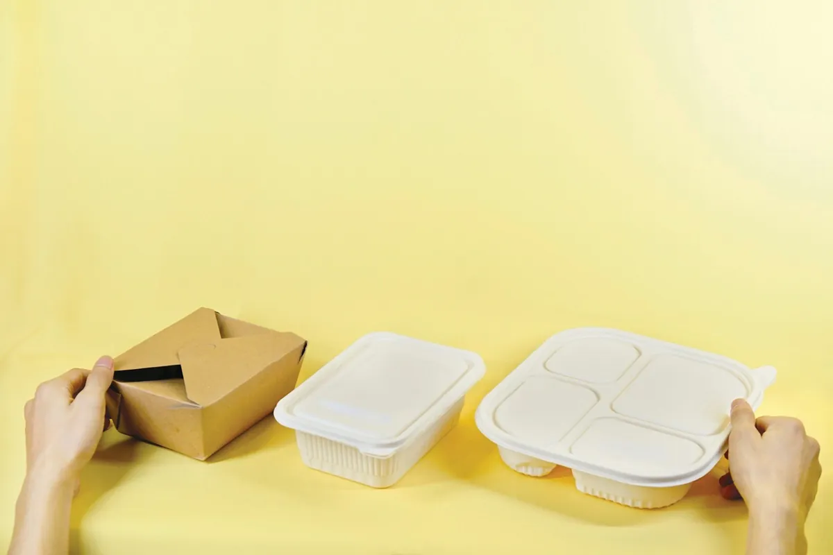 A takeout container opened out on a table