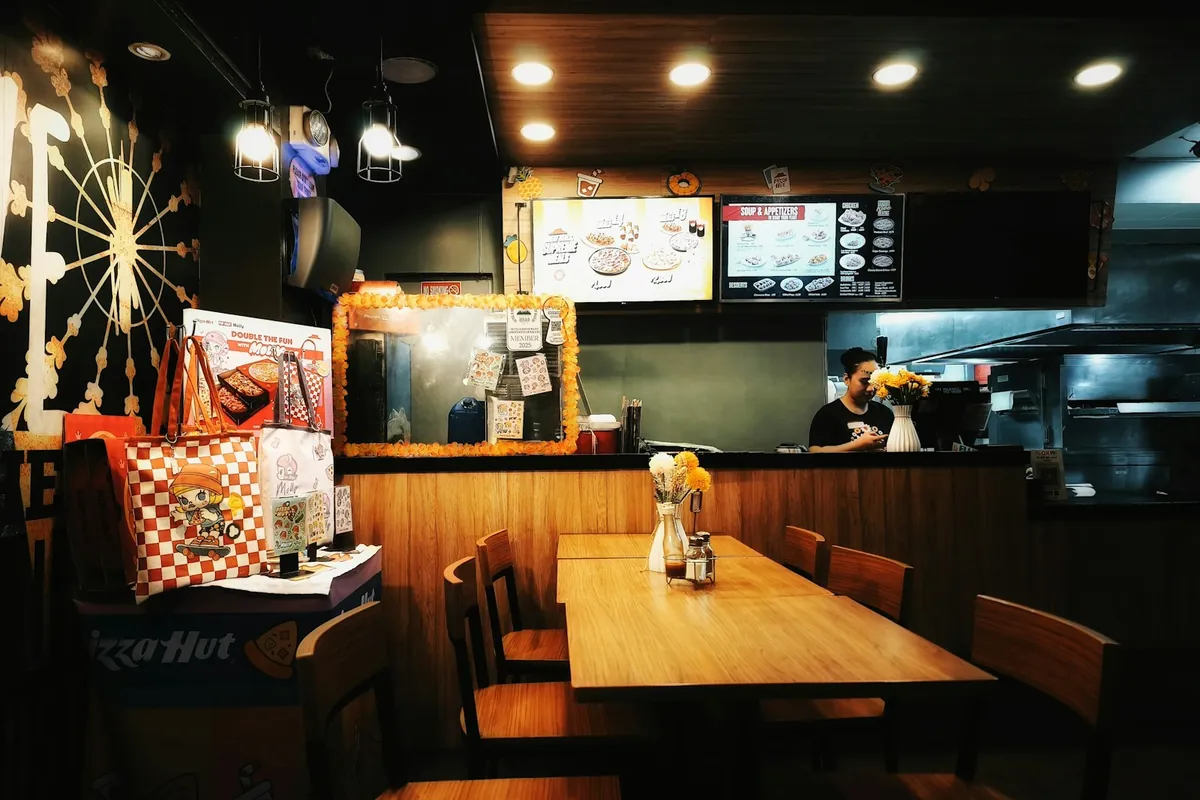 A boxed takeout order ready to leave the restaurant