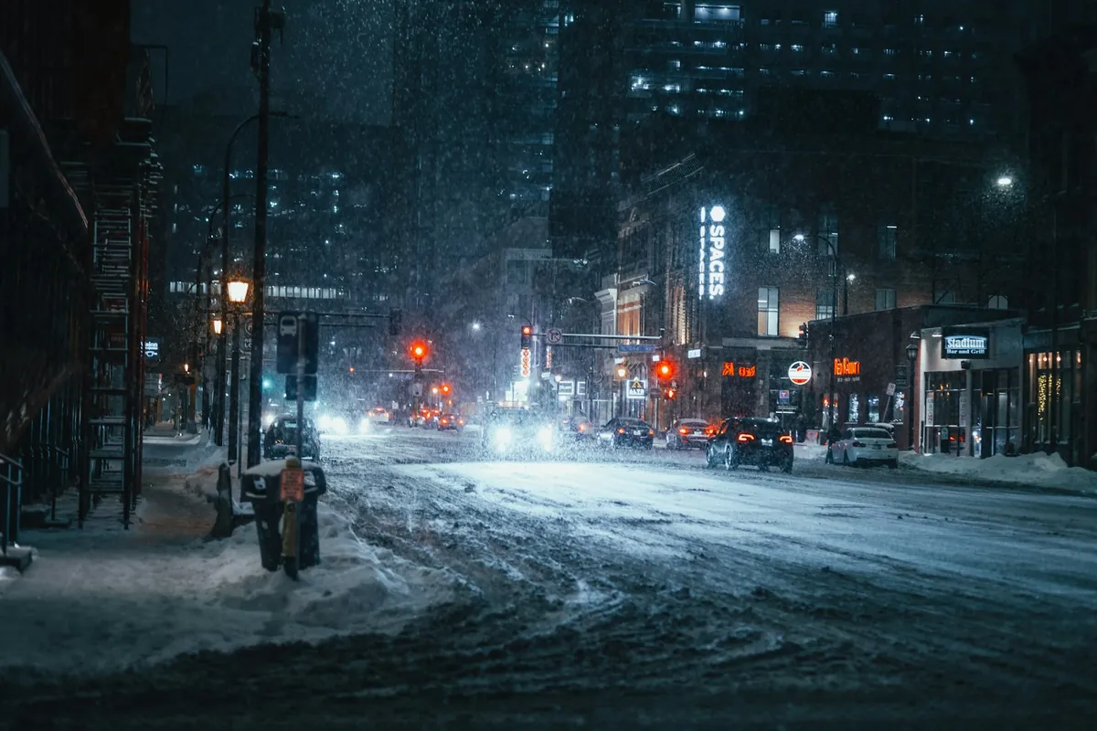 A quiet winter street with closed shops
